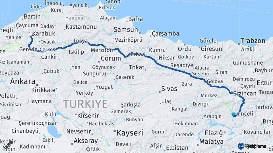 Tunceli Karabük Arası Kaç Km - Yol Haritası