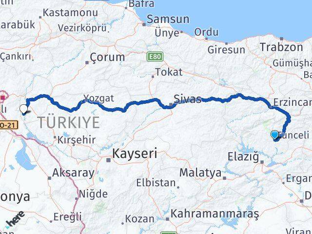 Tunceli Karakeçili Kırıkkale Arası Kaç Km - Yol Haritası