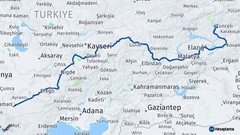 Tunceli Karaman Arası Kaç Km - Yol Haritası