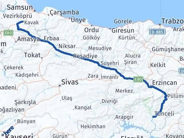 Tunceli Kavak Samsun Arası Kaç Km - Yol Haritası