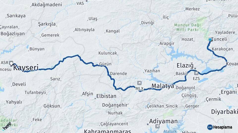 Tunceli Kayseri Arası Kaç Km - Yol Haritası
