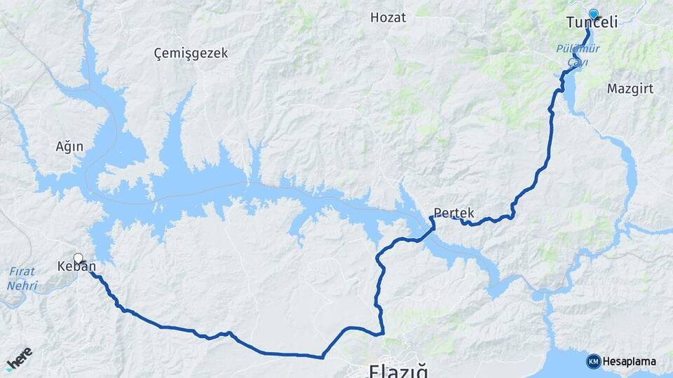 Tunceli Keban Elazığ Arası Kaç Km - Yol Haritası