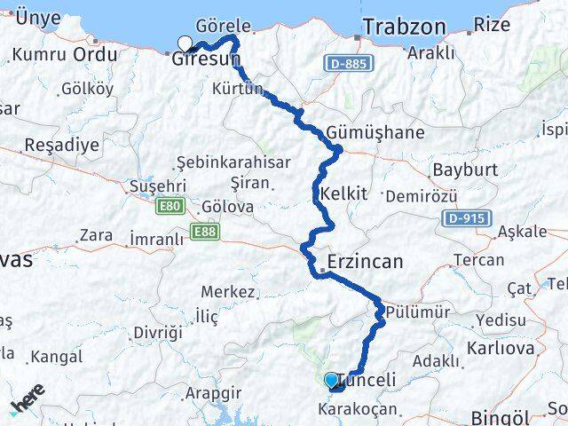 Tunceli Keşap Giresun Arası Kaç Km - Yol Haritası