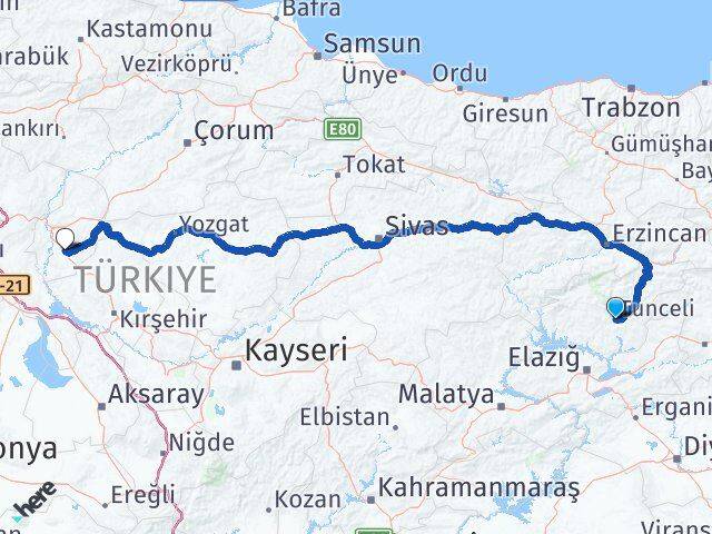Tunceli Keskin Kırıkkale Arası Kaç Km - Yol Haritası