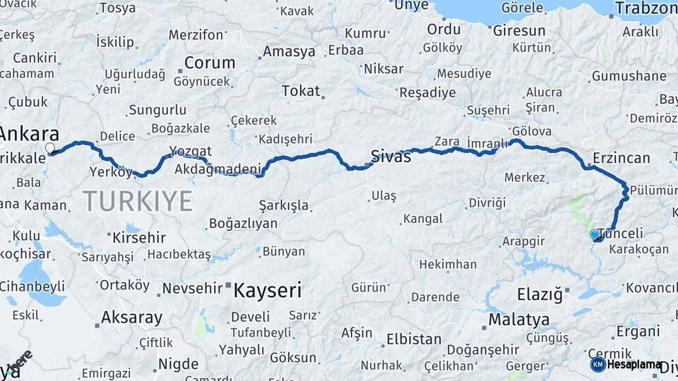 Tunceli Kırıkkale Arası Kaç Km - Yol Haritası