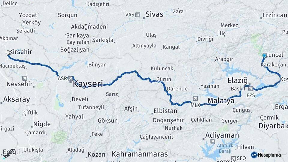 Tunceli Kırşehir Arası Kaç Km - Yol Haritası