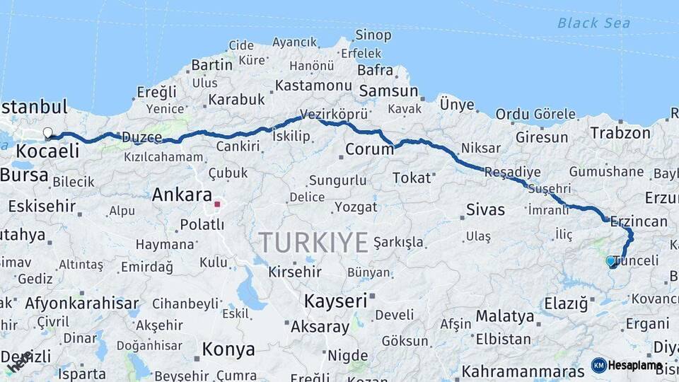 Tunceli Kocaeli Arası Kaç Km - Yol Haritası