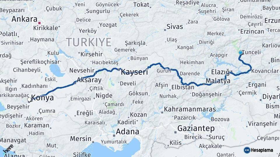Tunceli Konya Arası Kaç Km - Yol Haritası