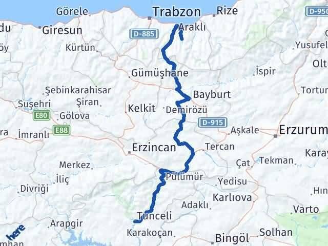 Tunceli Köprübaşı Trabzon Arası Kaç Km - Yol Haritası