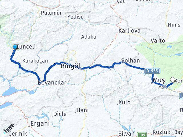 Tunceli Korkut Muş Arası Kaç Km - Yol Haritası