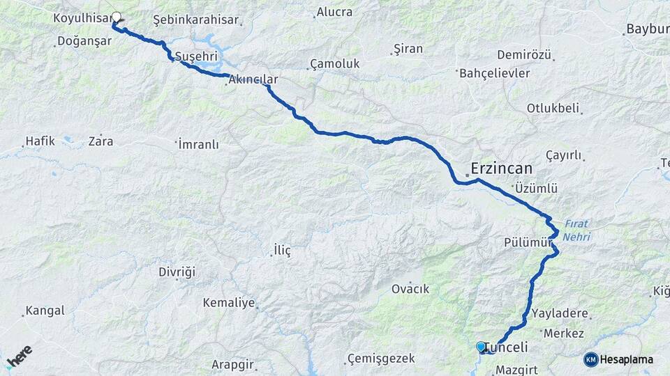 Tunceli Koyulhisar Sivas Arası Kaç Km - Yol Haritası