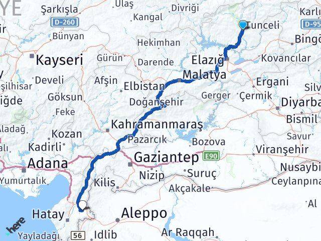Tunceli Kumlu Hatay Arası Kaç Km - Yol Haritası