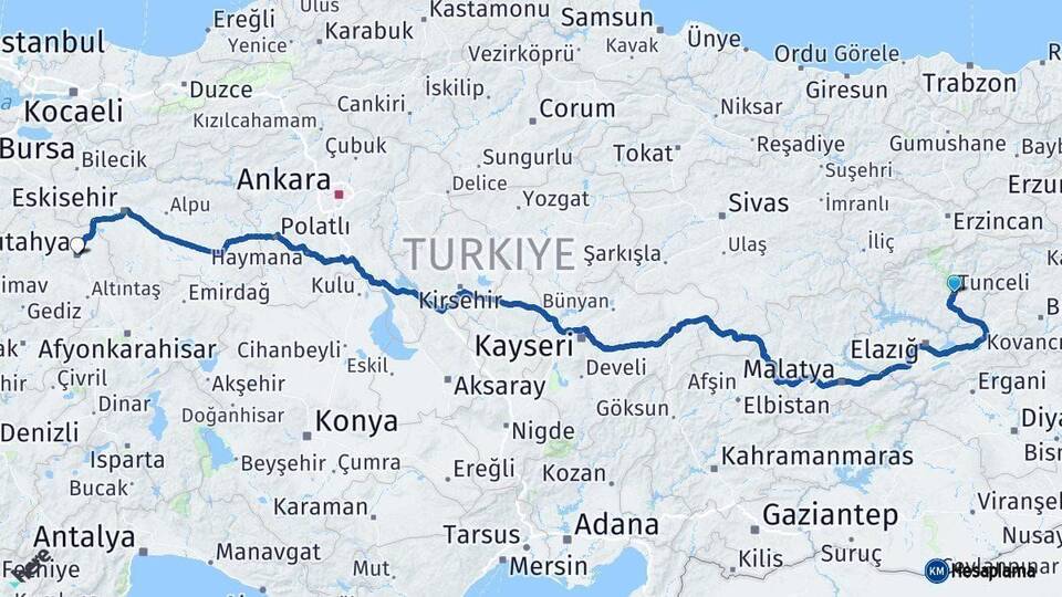 Tunceli Kütahya Arası Kaç Km - Yol Haritası