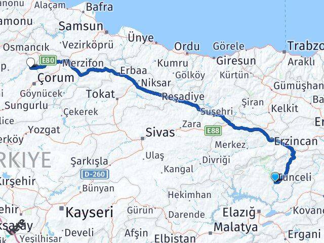 Tunceli Laçin Çorum Arası Kaç Km - Yol Haritası