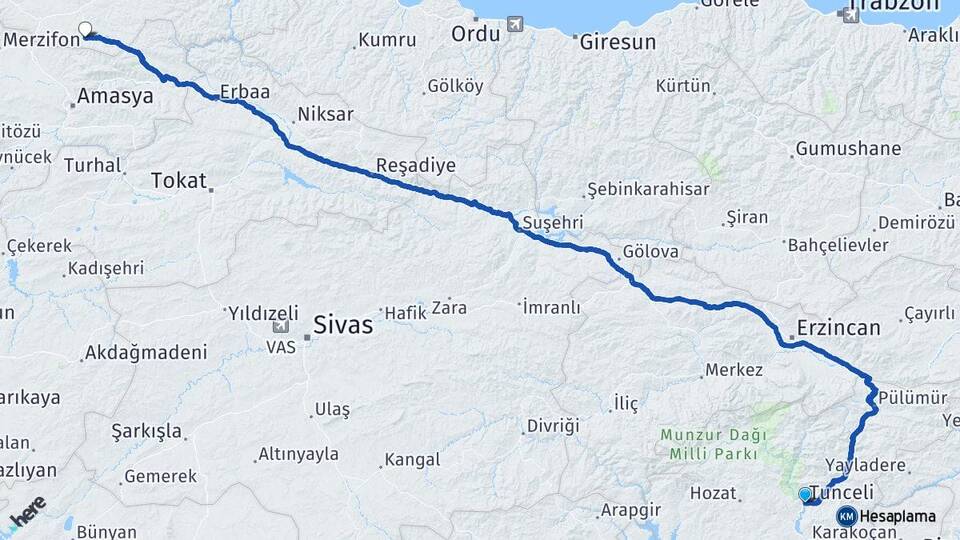 Tunceli Ladik Samsun Arası Kaç Km - Yol Haritası