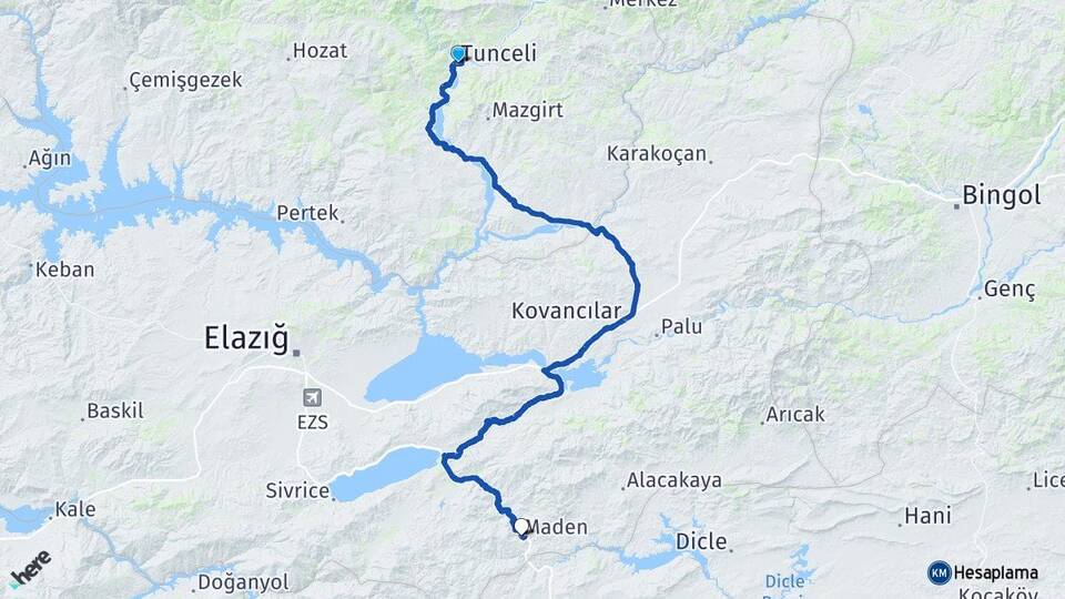 Tunceli Maden Elazığ Arası Kaç Km - Yol Haritası