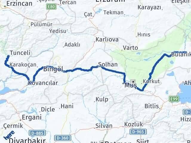 Tunceli Malazgirt Muş Arası Kaç Km - Yol Haritası