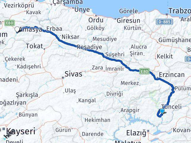Tunceli Mazgirt Amasya Arası Kaç Km - Yol Haritası