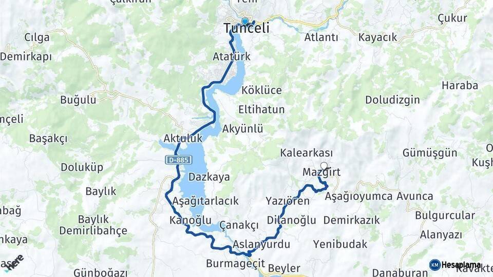 Tunceli Mazgirt Arası Kaç Km - Yol Haritası