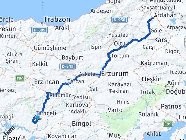 Tunceli Mazgirt Ardahan Arası Kaç Km - Yol Haritası