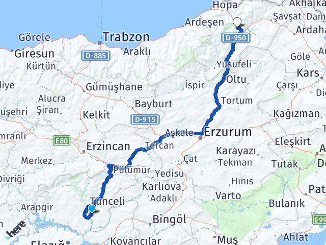 Tunceli Mazgirt Artvin Arası Kaç Km - Yol Haritası
