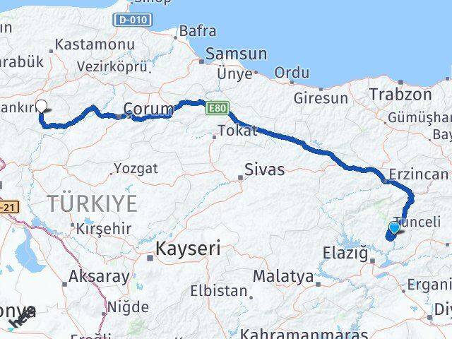 Tunceli Mazgirt Çankırı Arası Kaç Km - Yol Haritası
