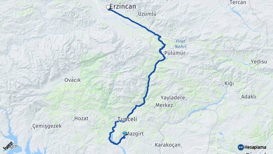 Tunceli Mazgirt Erzincan Arası Kaç Km - Yol Haritası