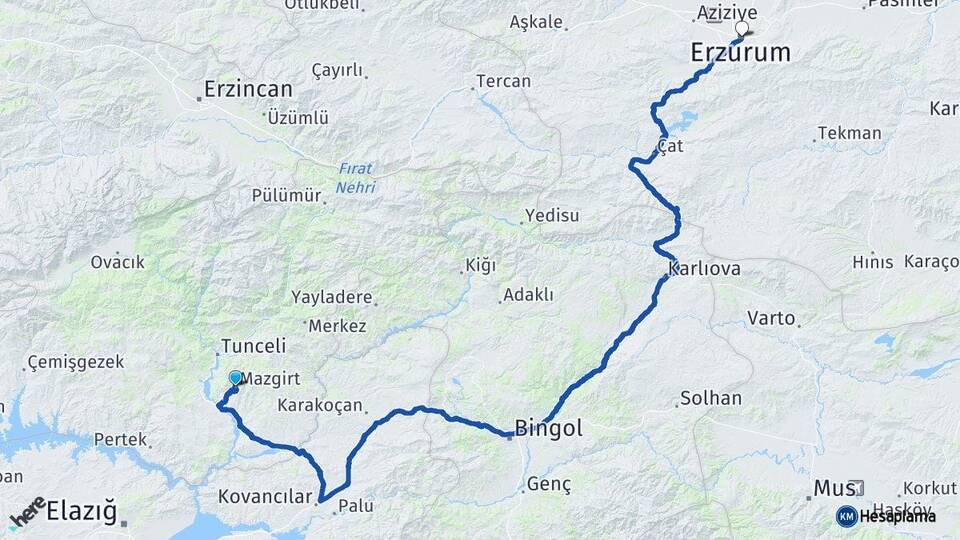 Tunceli Mazgirt Erzurum Arası Kaç Km - Yol Haritası