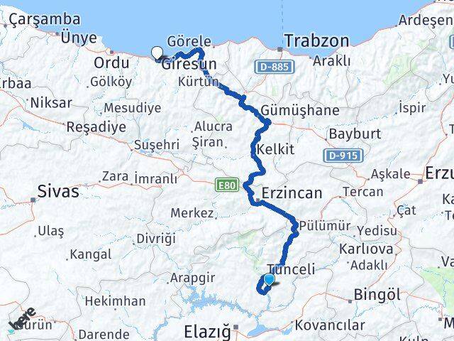 Tunceli Mazgirt Giresun Arası Kaç Km - Yol Haritası