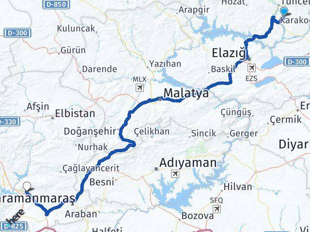 Tunceli Mazgirt Kahramanmaraş Arası Kaç Km - Yol Haritası