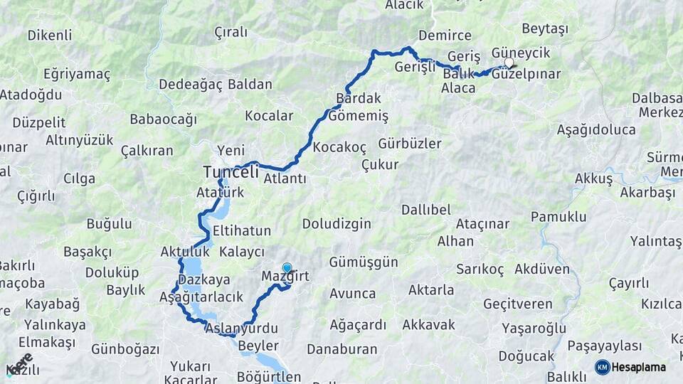 Tunceli Mazgirt Nazımiye Arası Kaç Km - Yol Haritası