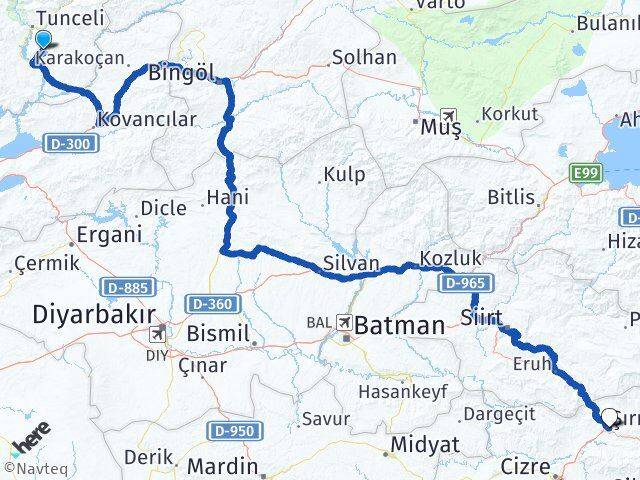 Tunceli Mazgirt Şırnak Arası Kaç Km - Yol Haritası
