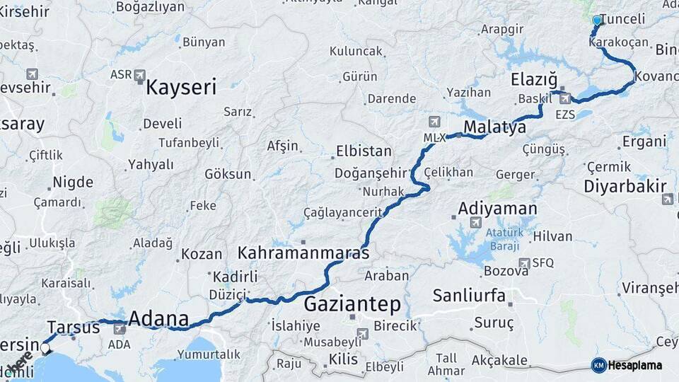 Tunceli Mersin Arası Kaç Km - Yol Haritası