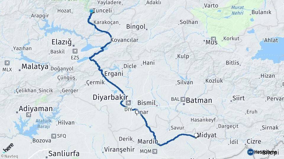 Tunceli Midyat Mardin Arası Kaç Km - Yol Haritası