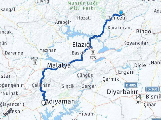 Tunceli Nazımiye Adıyaman Arası Kaç Km - Yol Haritası