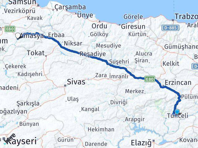 Tunceli Nazımiye Amasya Arası Kaç Km - Yol Haritası