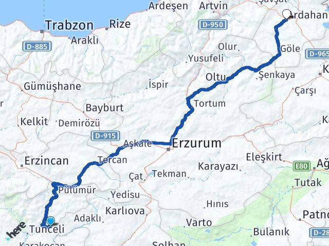 Tunceli Nazımiye Ardahan Arası Kaç Km - Yol Haritası