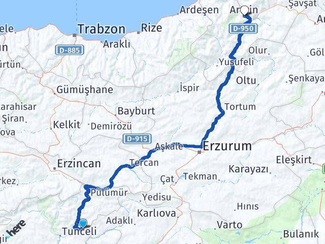 Tunceli Nazımiye Artvin Arası Kaç Km - Yol Haritası