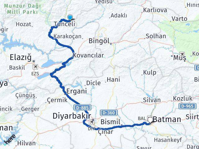Tunceli Nazımiye Batman Arası Kaç Km - Yol Haritası