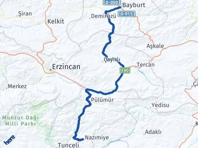 Tunceli Nazımiye Bayburt Arası Kaç Km - Yol Haritası