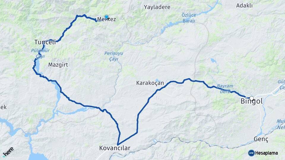 Tunceli Nazımiye Bingöl Arası Kaç Km - Yol Haritası
