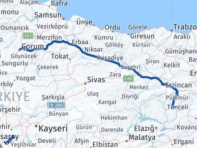 Tunceli Nazımiye Çorum Arası Kaç Km - Yol Haritası