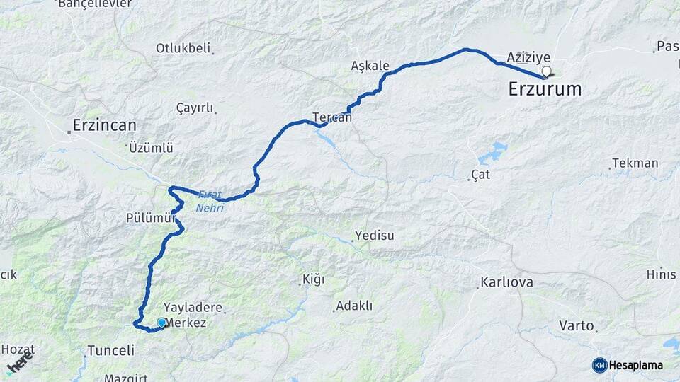 Tunceli Nazımiye Erzurum Arası Kaç Km - Yol Haritası