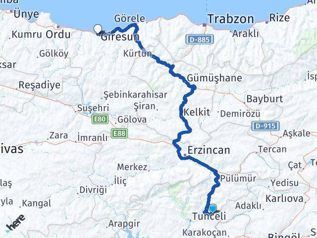 Tunceli Nazımiye Giresun Arası Kaç Km - Yol Haritası