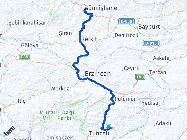 Tunceli Nazımiye Gümüşhane Arası Kaç Km - Yol Haritası