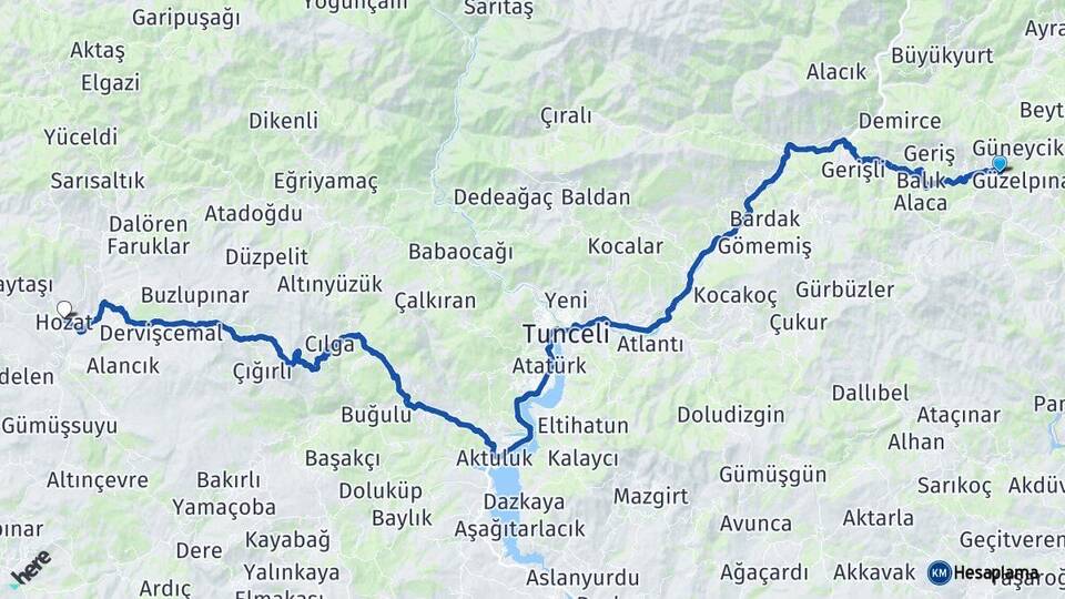 Tunceli Nazımiye Hozat Arası Kaç Km - Yol Haritası