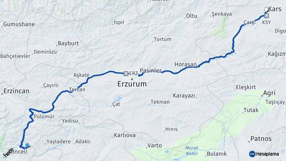 Tunceli Nazımiye Kars Arası Kaç Km - Yol Haritası