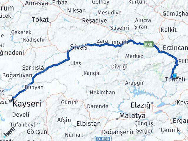 Tunceli Nazımiye Kayseri Arası Kaç Km - Yol Haritası