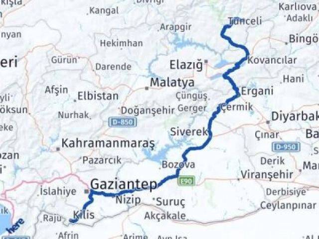 Tunceli Nazımiye Kilis Arası Kaç Km - Yol Haritası