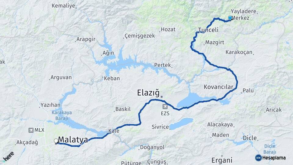 Tunceli Nazımiye Malatya Arası Kaç Km - Yol Haritası